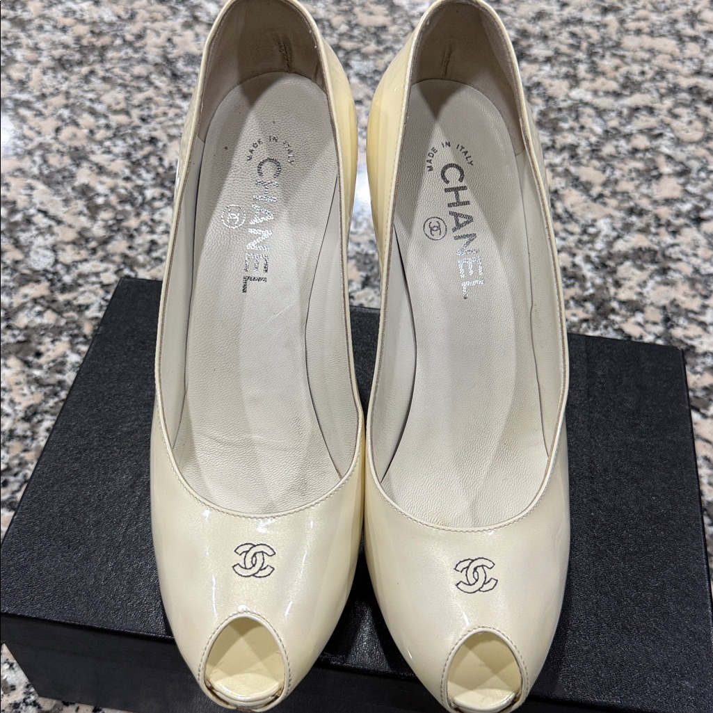 Chanel Ivory Peep Toe Pumps